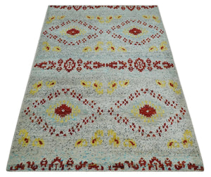 5x8 Hand Knotted Ivory, Red and Yellow Recycled Silk Area Rug