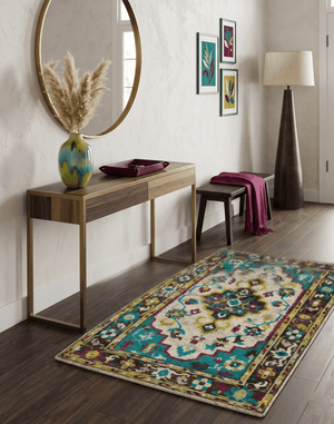 5x8 Hand Knotted Ivory, Teal Blue and Brown Antique Persian Style Bamboo Silk Area Rug