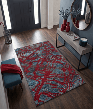 5x8 Hand Knotted Maroon, Gray and Blue Modern Abstract Recycled Silk Area Rug