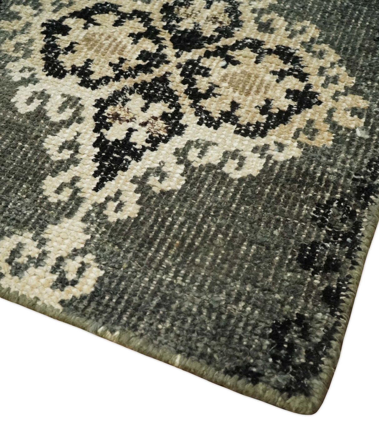 5x8 Hand Knotted Moss Green, Beige and Black  Antique Persian Style Recycled Silk Area Rug