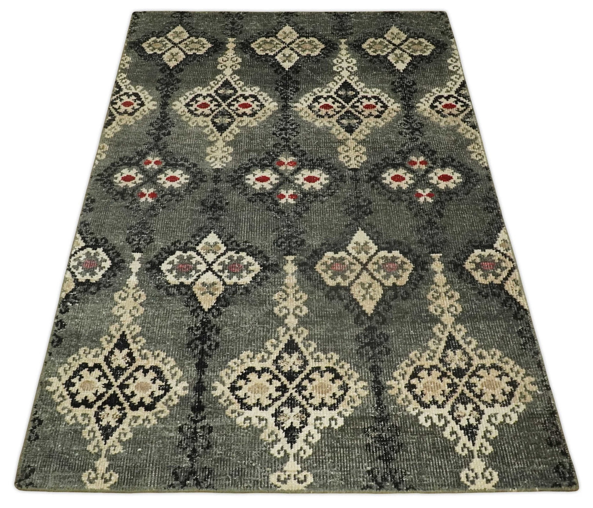 5x8 Hand Knotted Moss Green, Beige and Black  Antique Persian Style Recycled Silk Area Rug