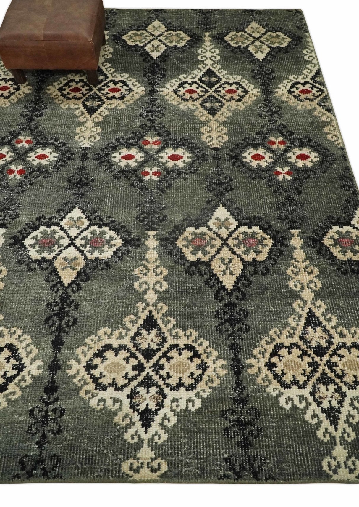 5x8 Hand Knotted Moss Green, Beige and Black  Antique Persian Style Recycled Silk Area Rug