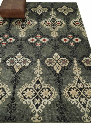5x8 Hand Knotted Moss Green, Beige and Black  Antique Persian Style Recycled Silk Area Rug