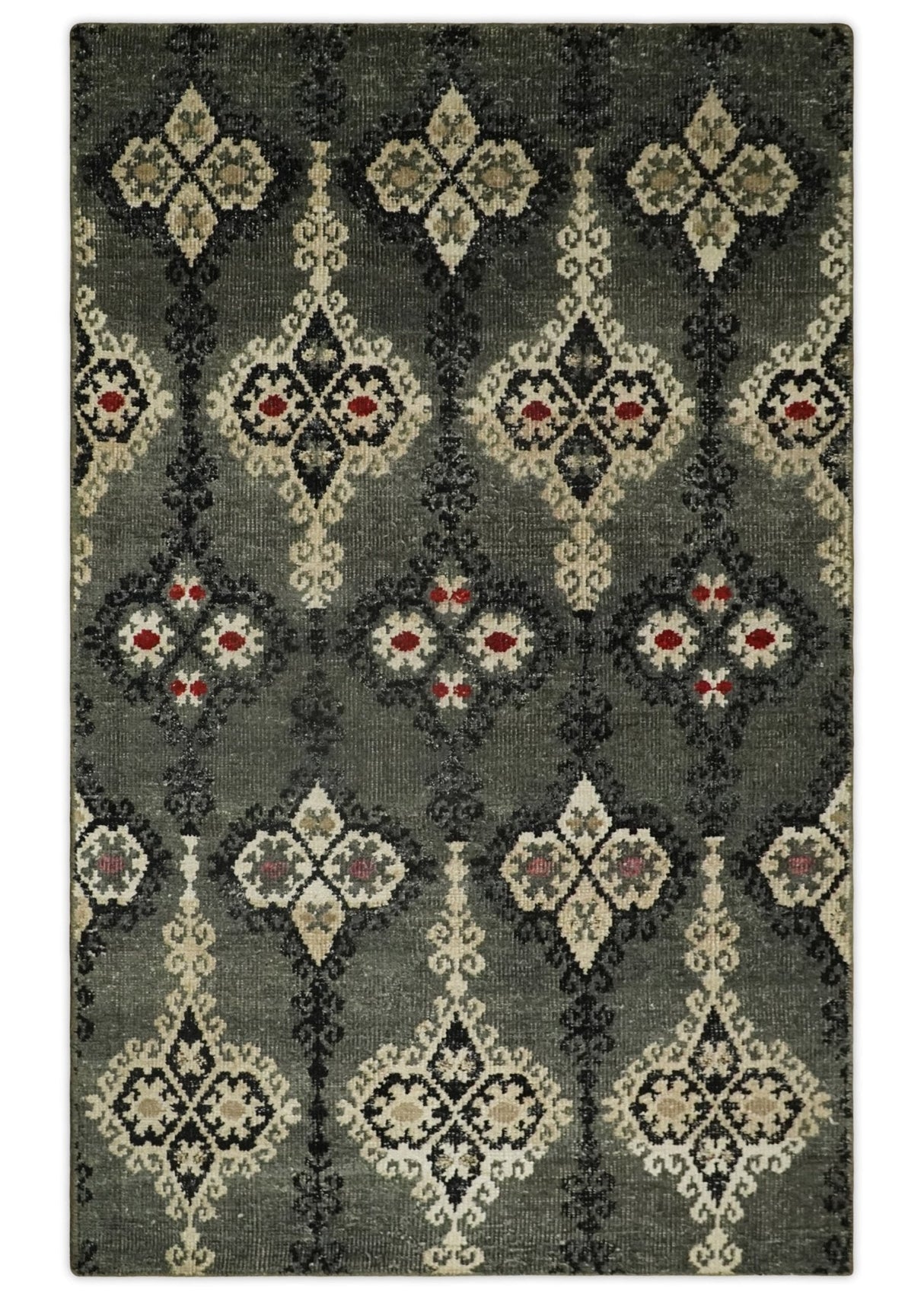 5x8 Hand Knotted Moss Green, Beige and Black  Antique Persian Style Recycled Silk Area Rug