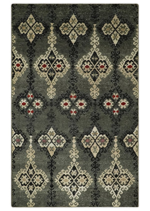 5x8 Hand Knotted Moss Green, Beige and Black  Antique Persian Style Recycled Silk Area Rug