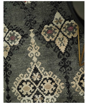 5x8 Hand Knotted Moss Green, Beige and Black  Antique Persian Style Recycled Silk Area Rug
