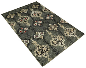 5x8 Hand Knotted Moss Green, Beige and Black  Antique Persian Style Recycled Silk Area Rug