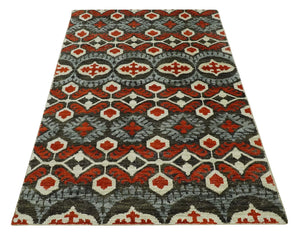 5x8 Hand Knotted Moss Green, Ivory and Rust Contemporary Recycled Silk Area Rug
