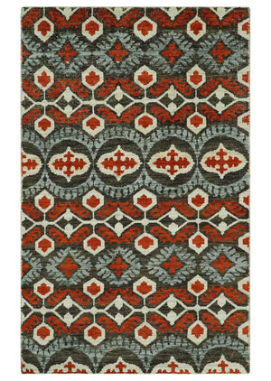5x8 Hand Knotted Moss Green, Ivory and Rust Contemporary Recycled Silk Area Rug