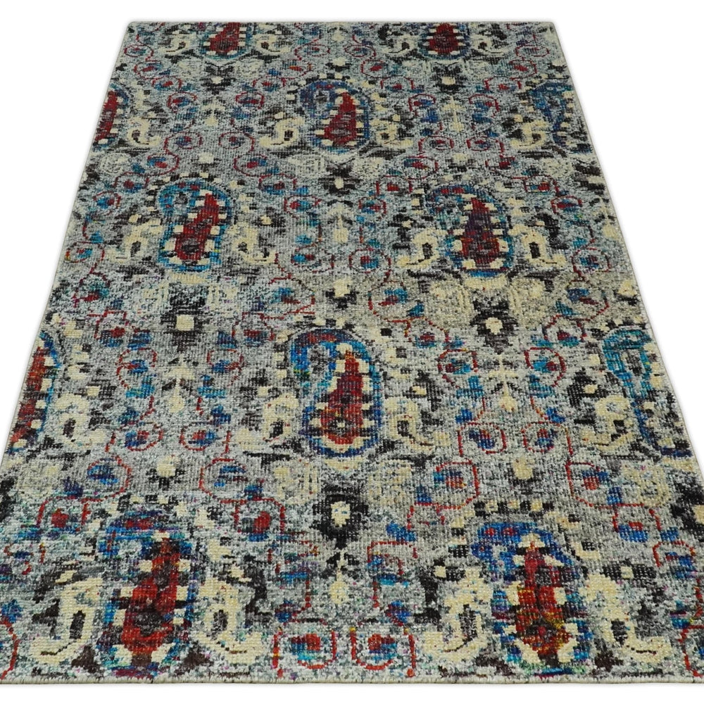 5x8 Hand Knotted Persian Style Ivory And Silver Recycled Silk Area Rug