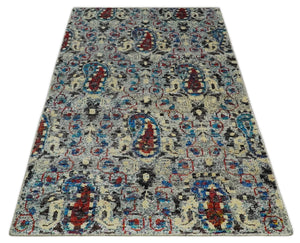 5x8 Hand Knotted Persian Style Ivory And Silver Recycled Silk Area Rug