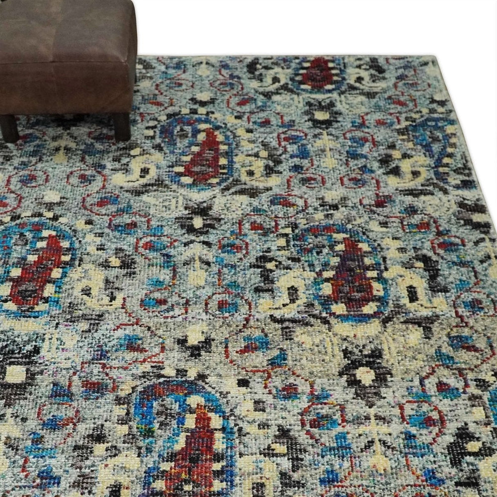 5x8 Hand Knotted Persian Style Ivory And Silver Recycled Silk Area Rug