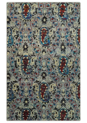 5x8 Hand Knotted Persian Style Ivory And Silver Recycled Silk Area Rug