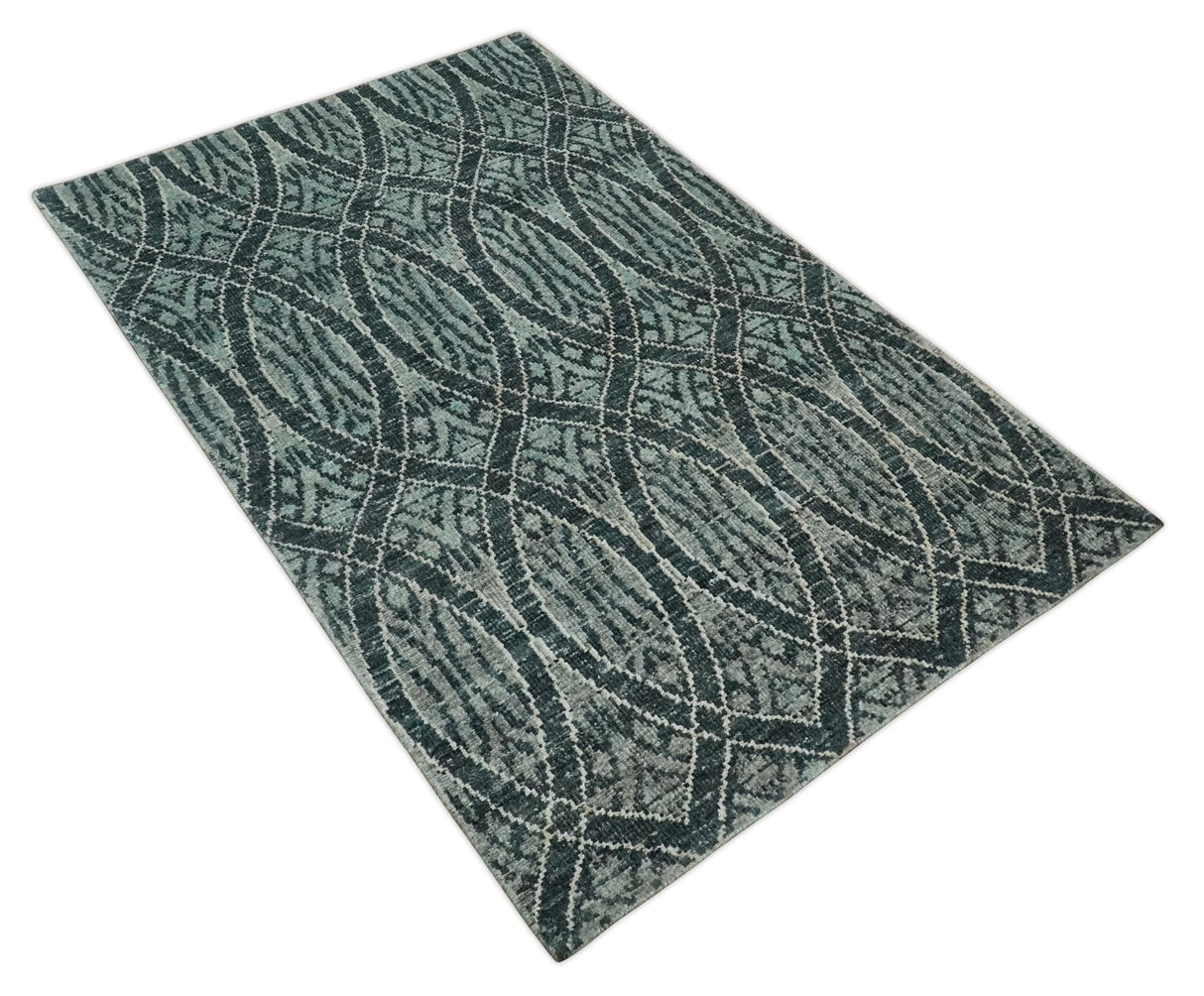 5x8 Hand Knotted Teal, Ivory and Blue Modern Style  Recycled Silk Area Rug