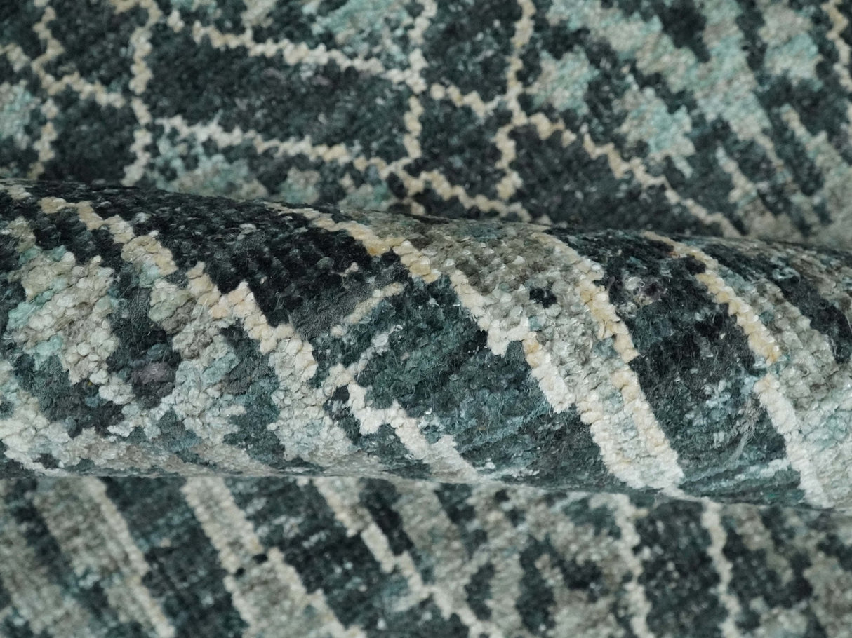 5x8 Hand Knotted Teal, Ivory and Blue Modern Style  Recycled Silk Area Rug