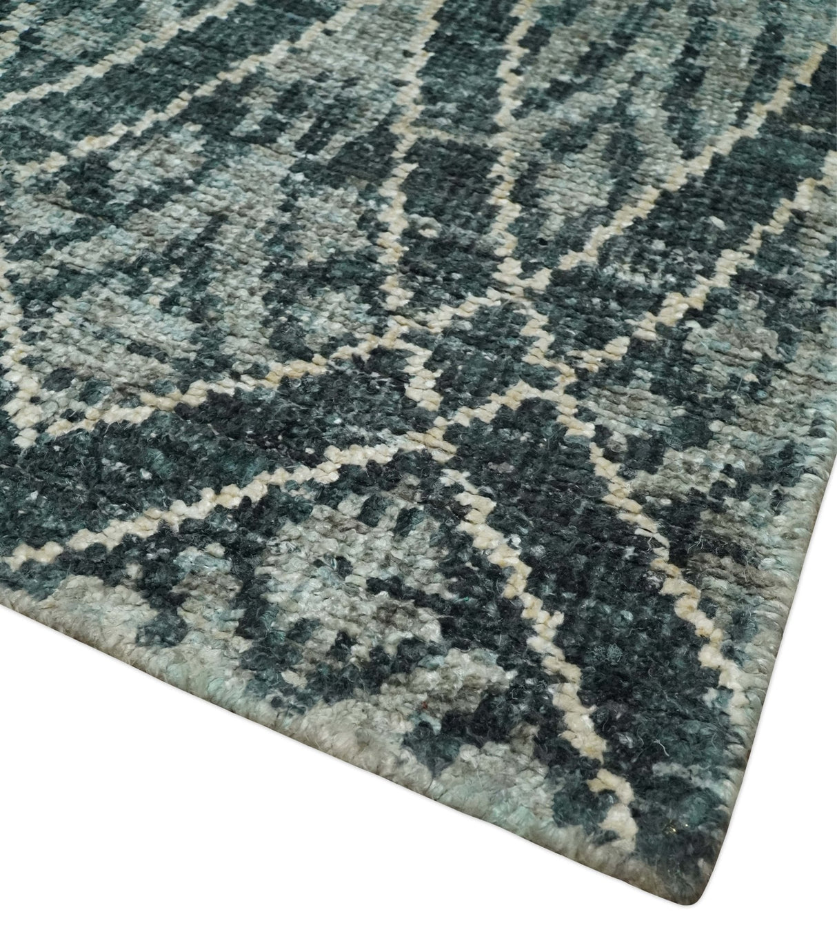 5x8 Hand Knotted Teal, Ivory and Blue Modern Style  Recycled Silk Area Rug