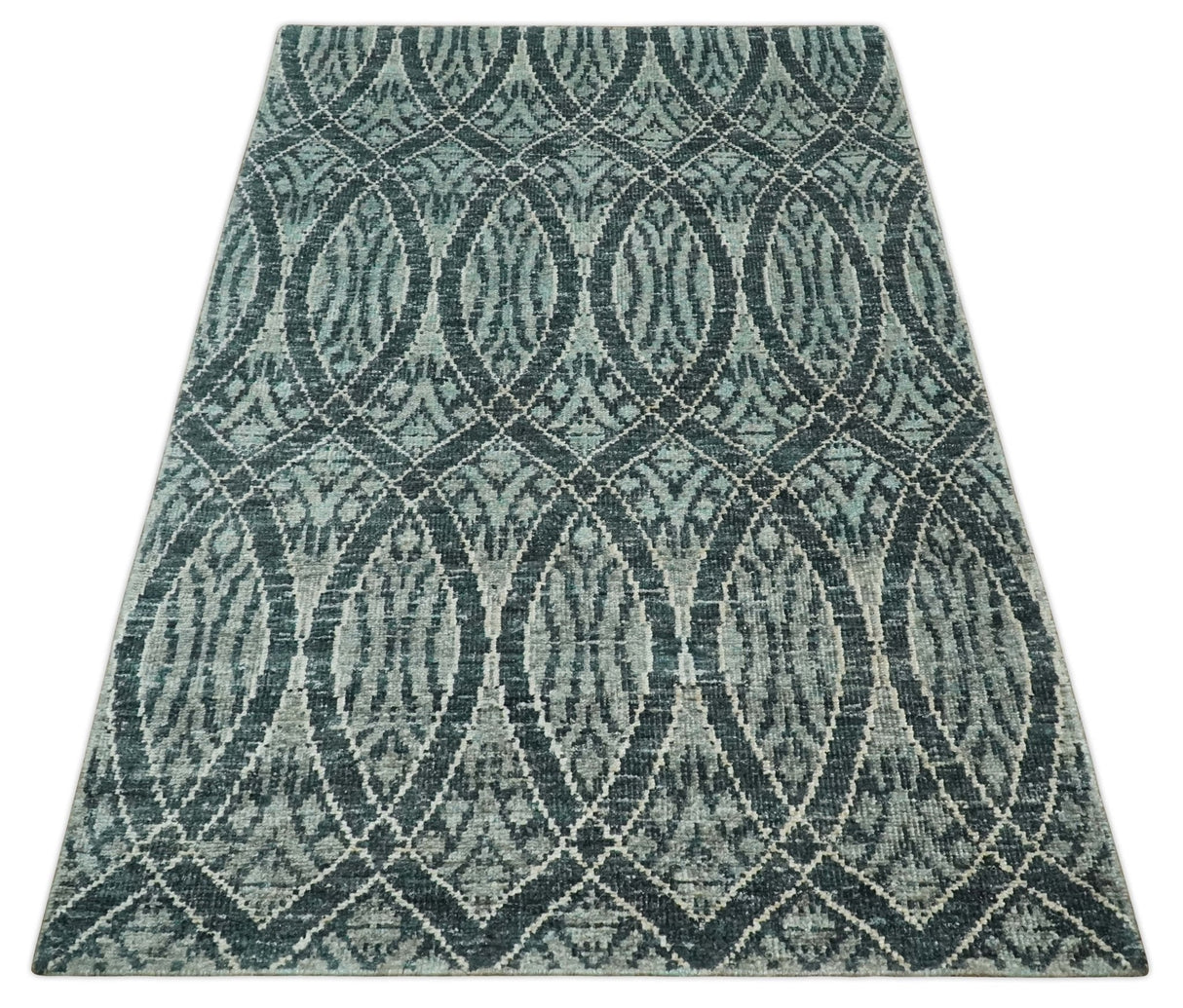 5x8 Hand Knotted Teal, Ivory and Blue Modern Style  Recycled Silk Area Rug