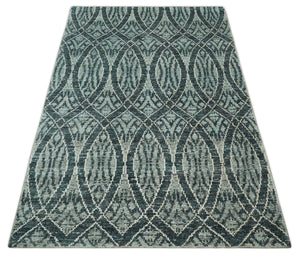 5x8 Hand Knotted Teal, Ivory and Blue Modern Style  Recycled Silk Area Rug