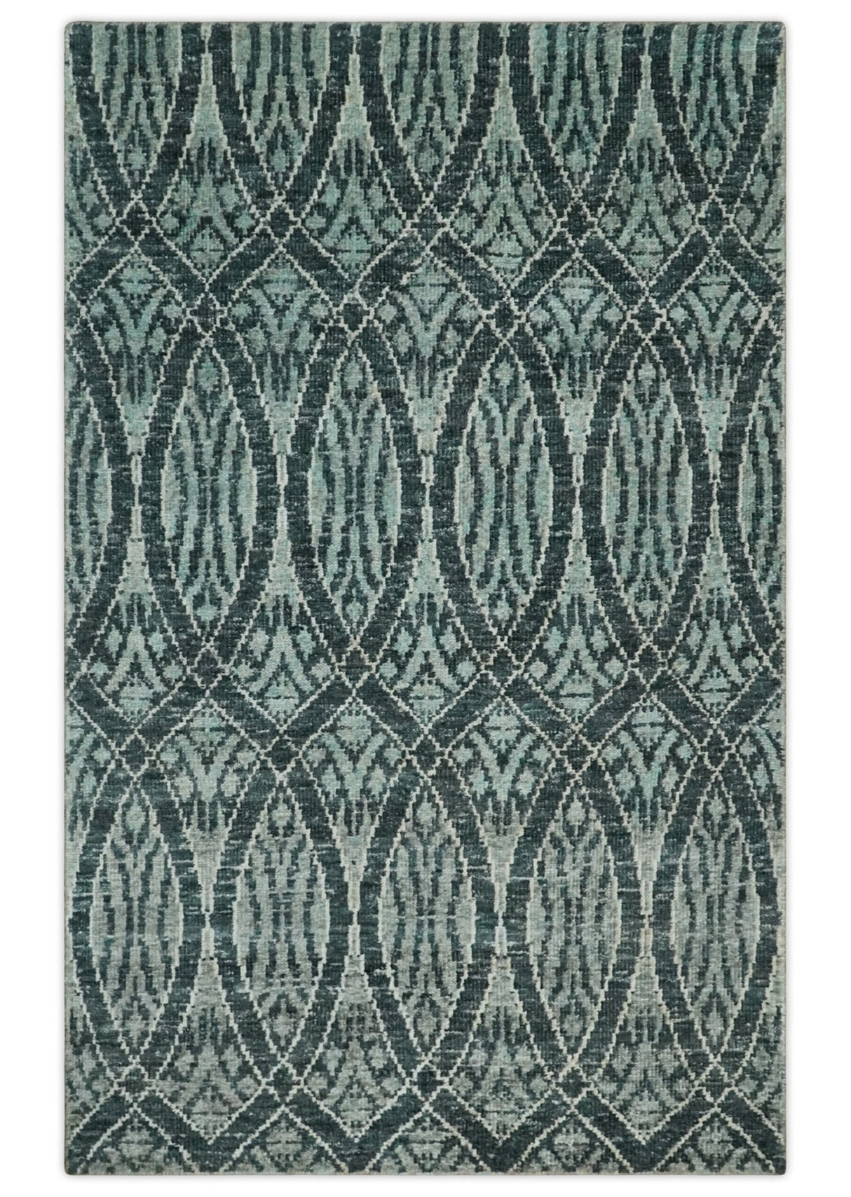 5x8 Hand Knotted Teal, Ivory and Blue Modern Style  Recycled Silk Area Rug