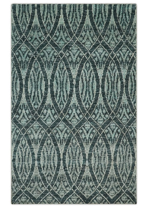5x8 Hand Knotted Teal, Ivory and Blue Modern Style  Recycled Silk Area Rug