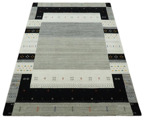 5x8 Ivory and Black Striped Wool Hand Woven Southwestern Gabbeh Rug