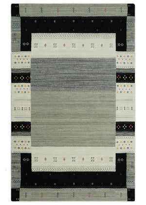 5x8 Ivory and Black Striped Wool Hand Woven Southwestern Gabbeh Rug