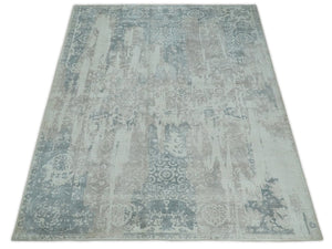 5.8x7.9 Modern Abstract Blue and Brown Hand Loom Wool Rug