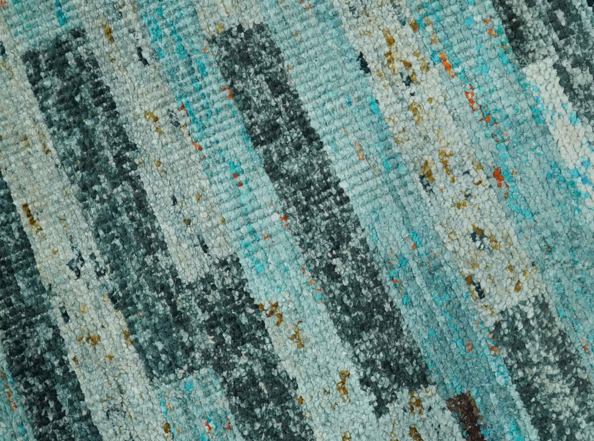 5x8 Modern Geomatical Aqua, Gray and Silver Stripes Design Hand Knotted wool Rug