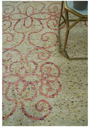 5x8 Olive, Silver and dark Peach Hand Knotted Traditional Floral wool area Rug