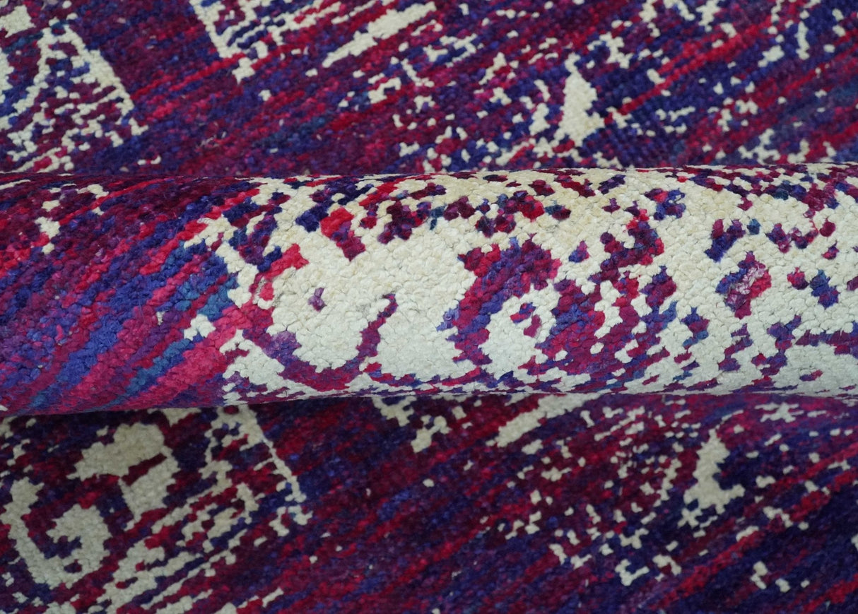 5x8 Purple, Maroon and Ivory Traditional Large Ikat Design Hand Knotted wool Area Rug