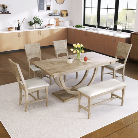 6-Piece Wood Half Round Dining Table Set with Long Bench and 4 Dining Chairs - Pier 1