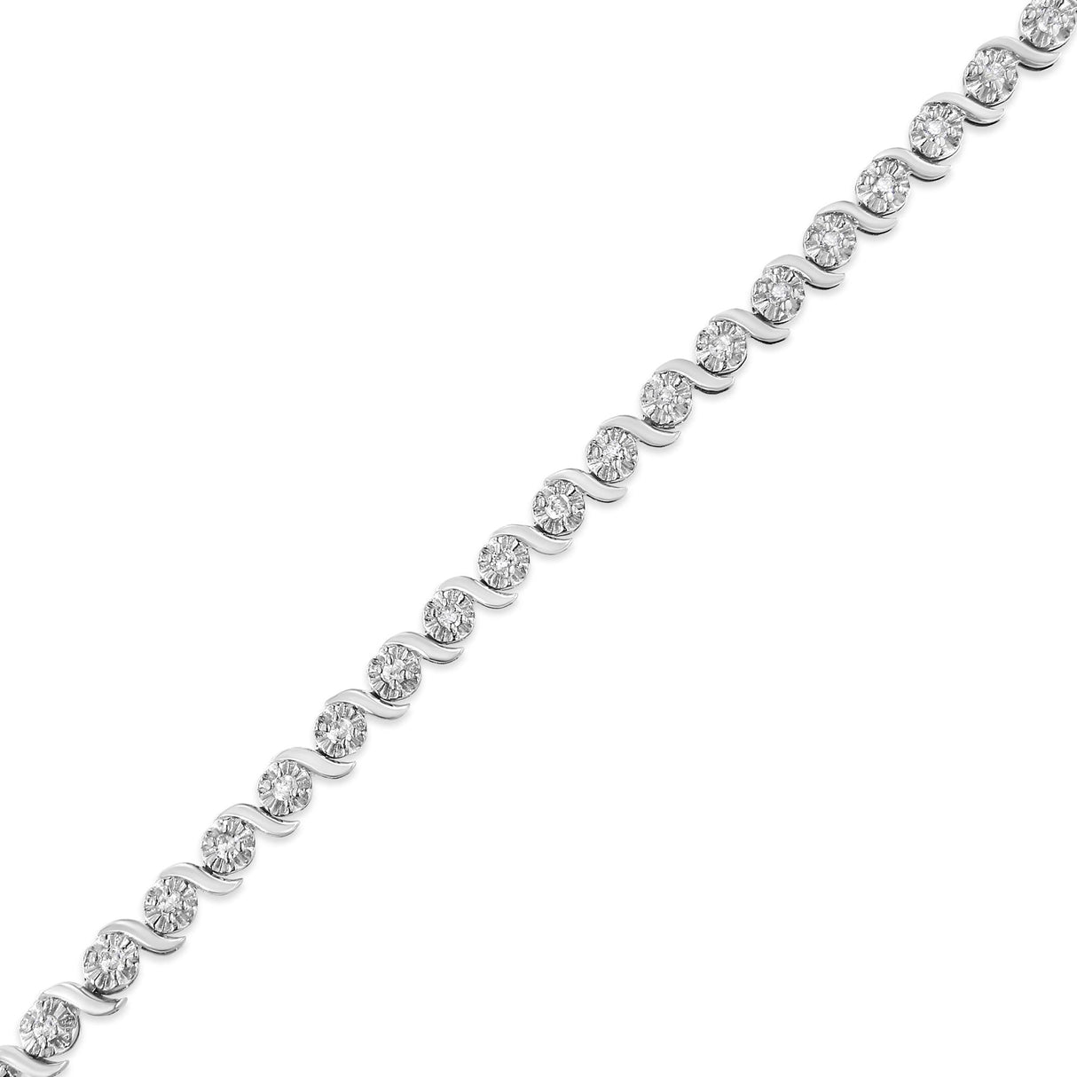 .925 Sterling Silver 1.0 Cttw Diamond Spiral Wave Curved-Link 7" Tennis Bracelet (I-J Color, I3 Clarity)
