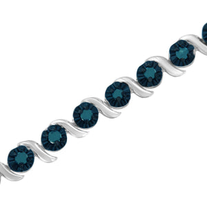 .925 Sterling Silver 1.0 Cttw Diamond Spiral Wave Curved-Link 7" Tennis Bracelet (Enhanced Blue Color, I1-I2 Clarity)