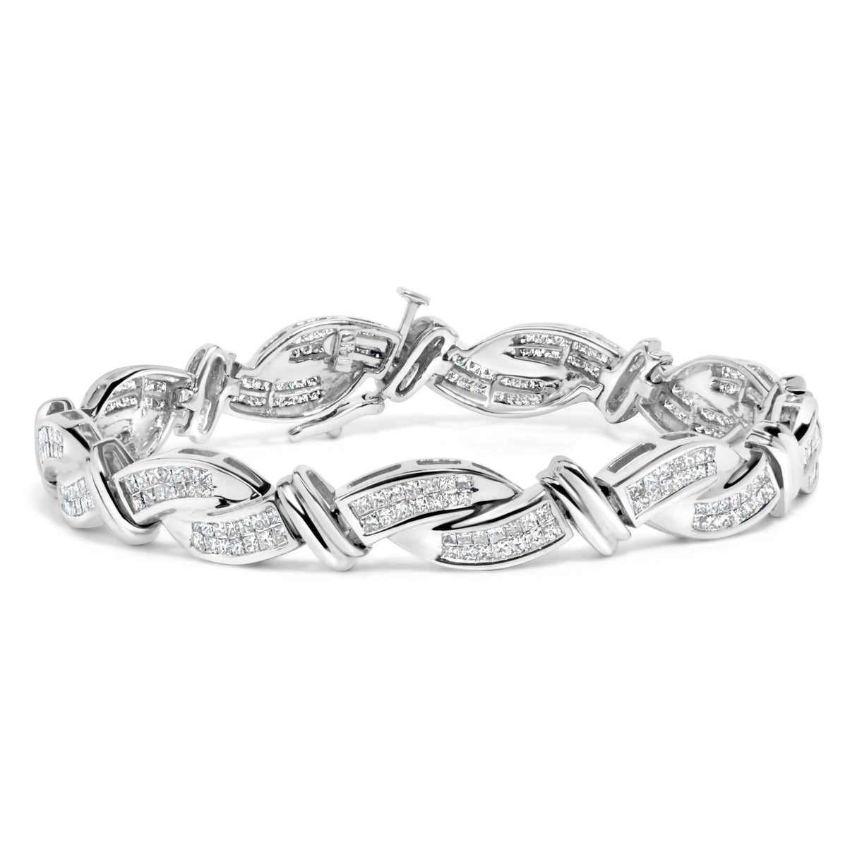 14K White Gold 4.0 Cttw Invisble Set Princess-Cut Diamond Wave Style Link Bracelet (H-I Color, SI2-I1 Clarity) - 7"