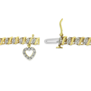10K Yellow Gold over .925 Sterling Silver 2.0 Cttw Diamond Heart Charm 7" Link Bracelet (I-J Color, I3 Clarity)