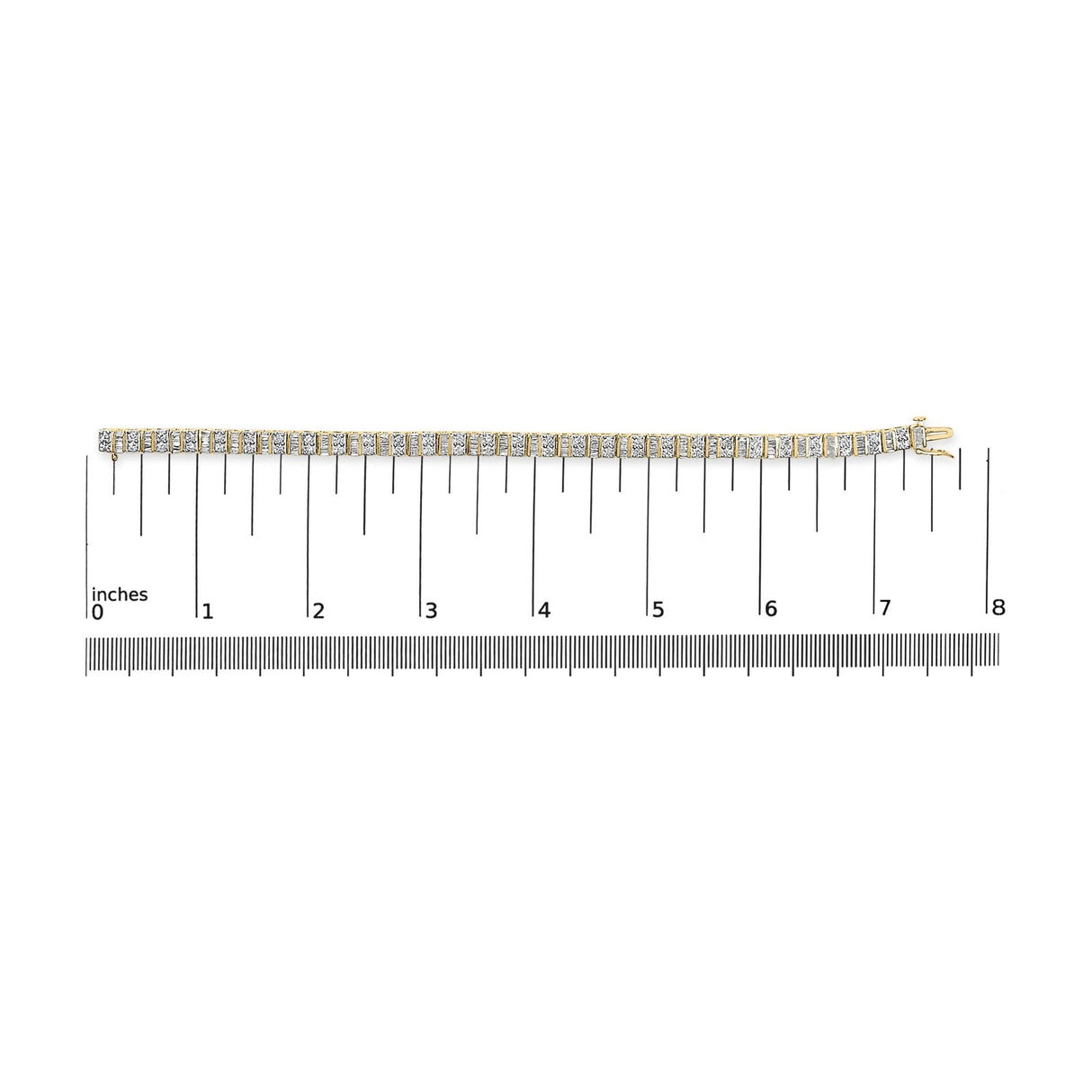 10K Yellow Gold 4.0 Cttw Alternating Baguette & Round Cut Diamond Bezel- & Prong-Set 7" Tennis Bracelet (G-H Color, SI1-SI2 Clarity)