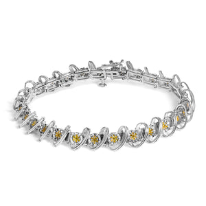 .925 Sterling Silver 3/4 Cttw Yellow Diamond Illusion Plate Looped Link Bracelet