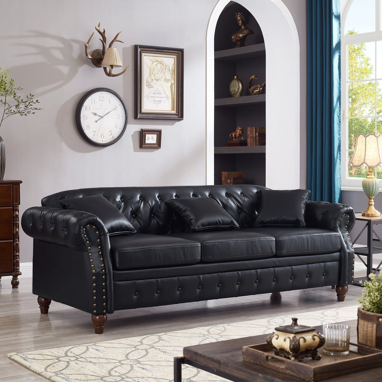 85.8' Living Room Chesterfield Sofa Classic Tufted Design Faux Leather PU Upholstered Sofa with Storage (Black)