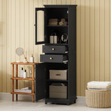 63" Modern Tall Black Bathroom Cabinet with Glass Doors and Gold Handles