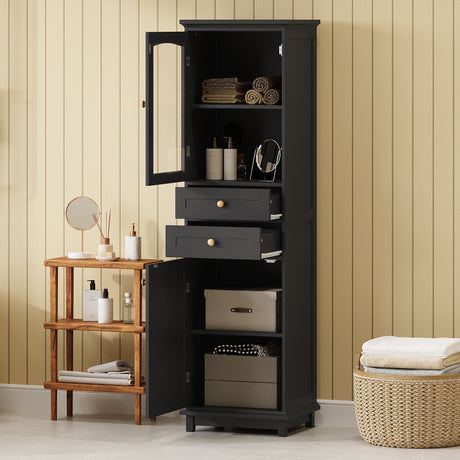 63" Modern Tall Black Bathroom Cabinet with Glass Doors and Gold Handles