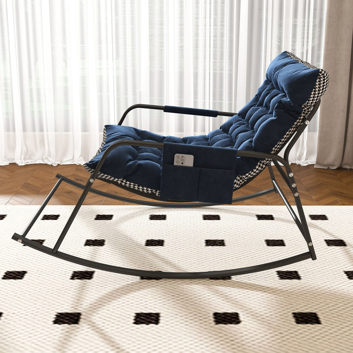 Blue Rocking Chair with Storage and Cushions - Metal & Fabric