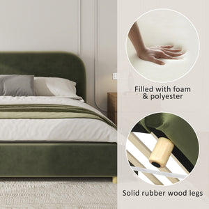 California King Size Upholstered Bed Frame With Velvet Fabric And Curve Design Thick Headboard, Solid Wood Legs, Olive