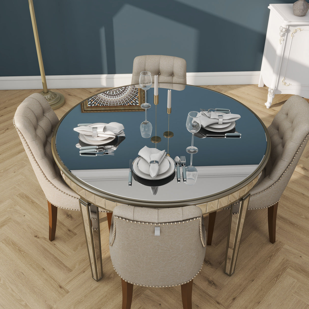 Round Glass Dining Table with Mirror Top