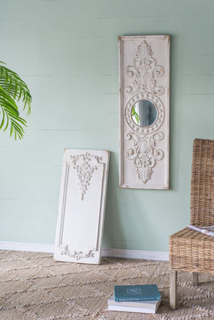 Large Wooden Wall Art Panels With Distressed Round Mirror Accents (Set of 2) - White