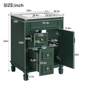 Compact Bathroom Vanity with Ceramic Sink and Storage Drawers - White, Green, Black
