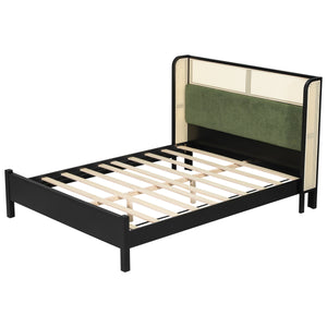 Queen Size Bed Frame with Plush Green Upholstered Headboard