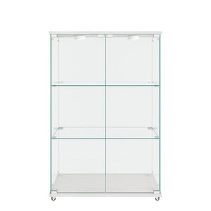 Modern Display Cabinet With LED Lights, Transparent Tempered Glass 2 Door Storage Case With 3 Shelves