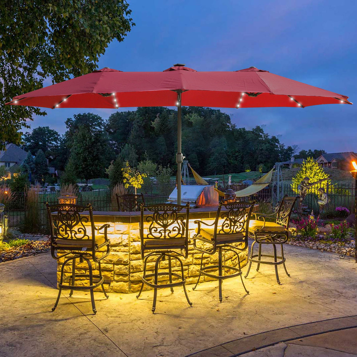 Double- Sided Outdoor Market Umbrella With Lights And Base