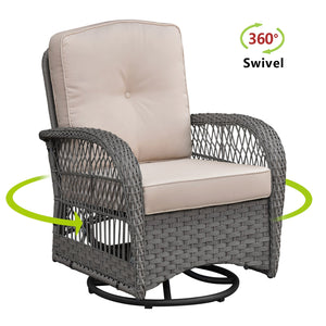 3 Pieces Conversation Set, Outdoor Wicker Rocker Swivel Patio Bistro Set, Rocking Chair with Glass Top Side Table, Grey