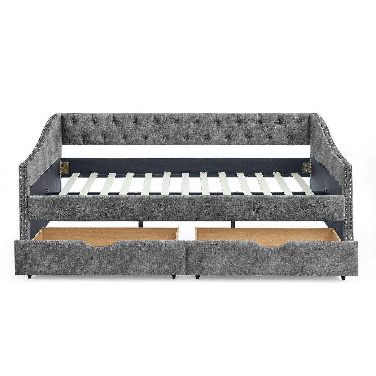 Upholstered Tufted Daybed With Drawers, Waved Arms
